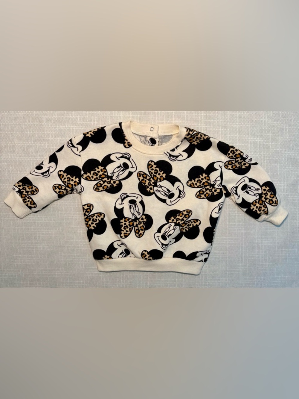 Disney Minnie Mouse Leopard Bow Baby Sweatshirt 6M Cream Pullover Cute Cozy